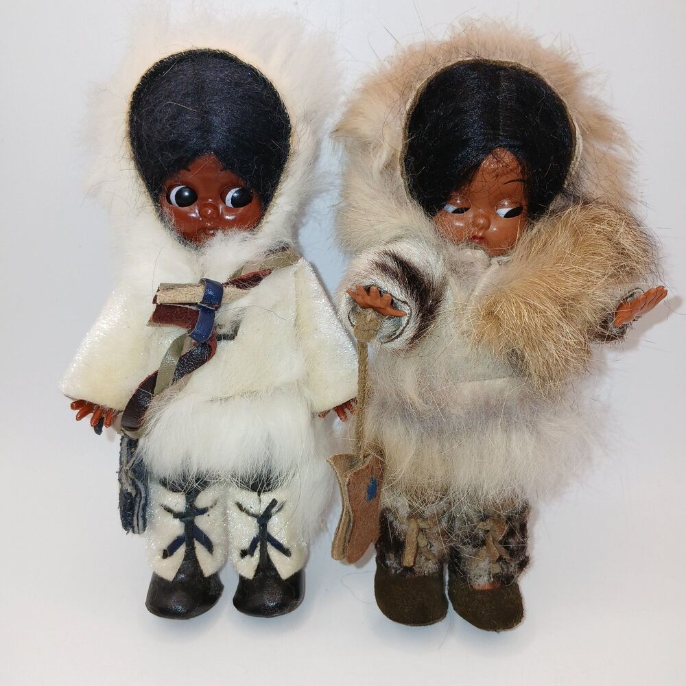 Vtg Native Alaskan Dolls x2 Real Fur Leather Sleepy Eyes Mittens Folk Art 6" ea